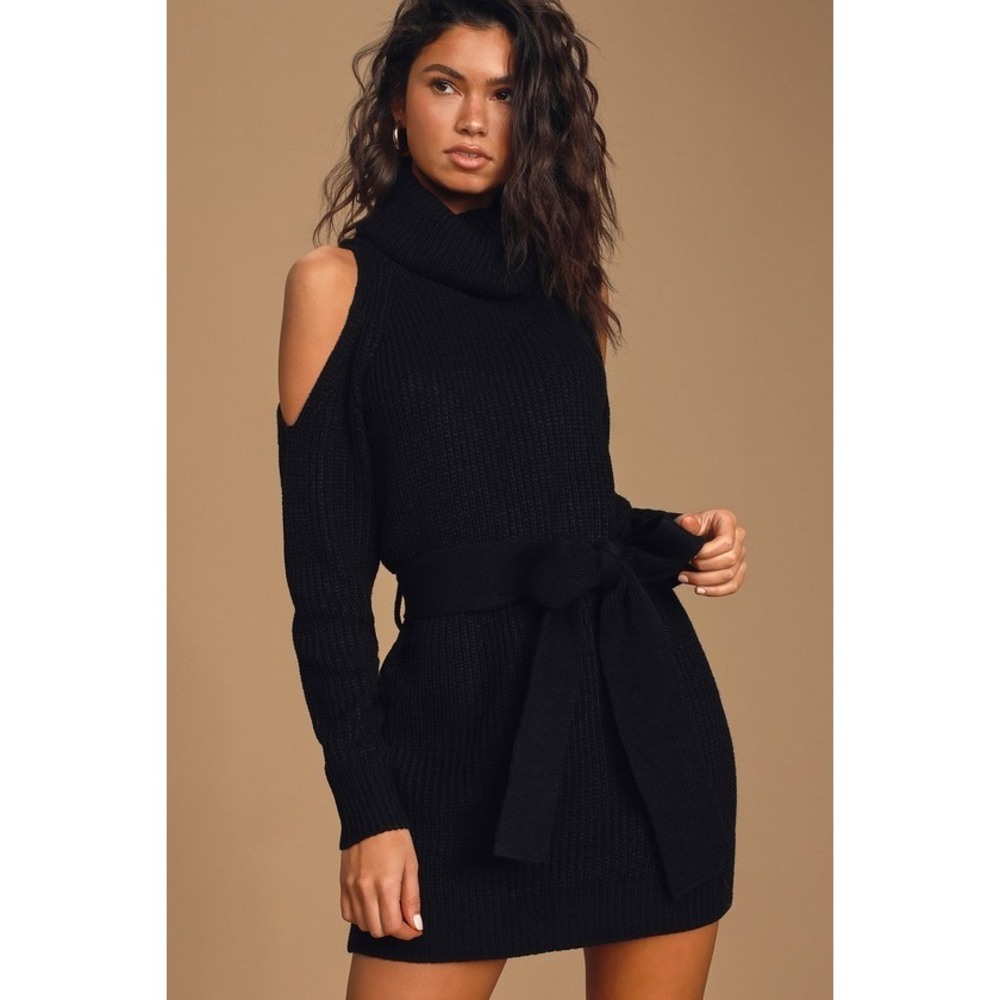 Lulus Sweet Demeanor Black Turtleneck Cold-shoulder Sweater Dress - Size M